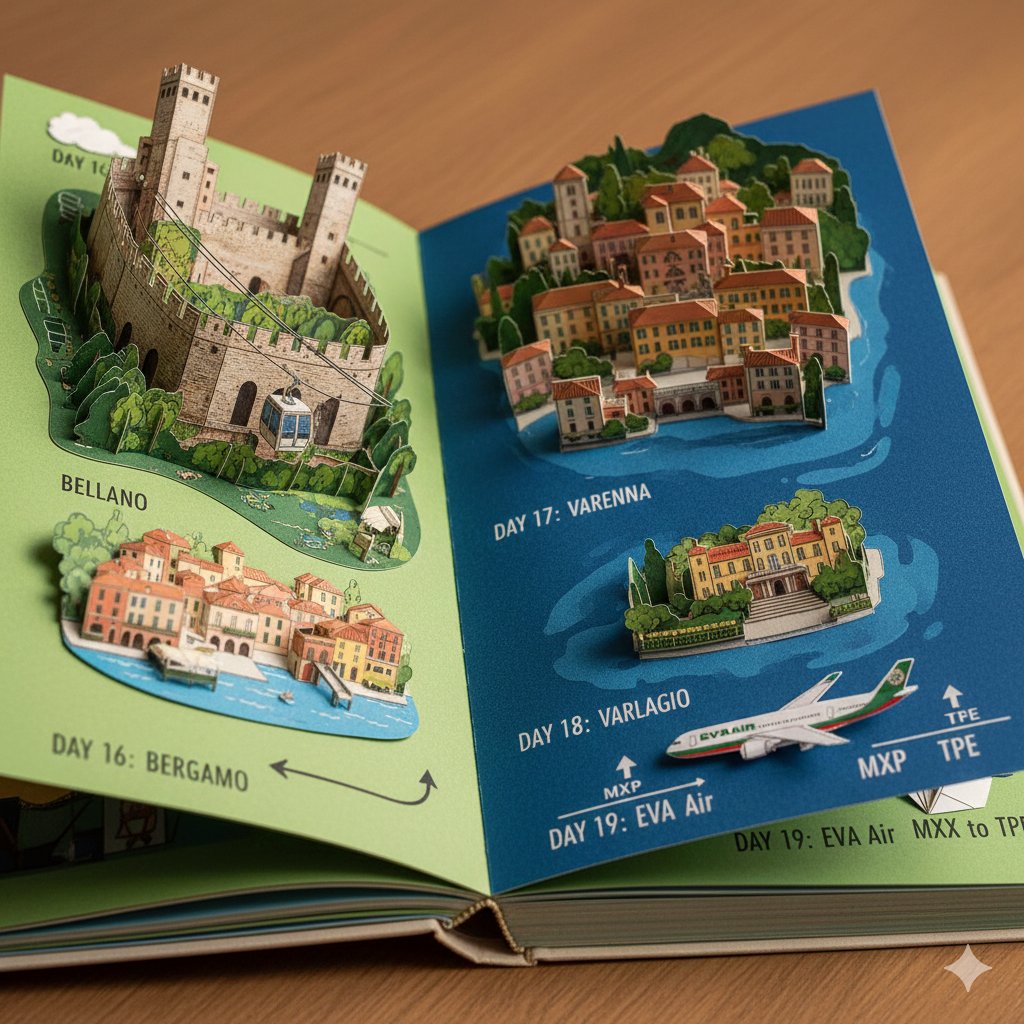 北義大利 多洛米蒂和浪漫湖區之旅 Gemini 生成行程圖。插畫/模型/樂高/紙雕/拼布/立體書版