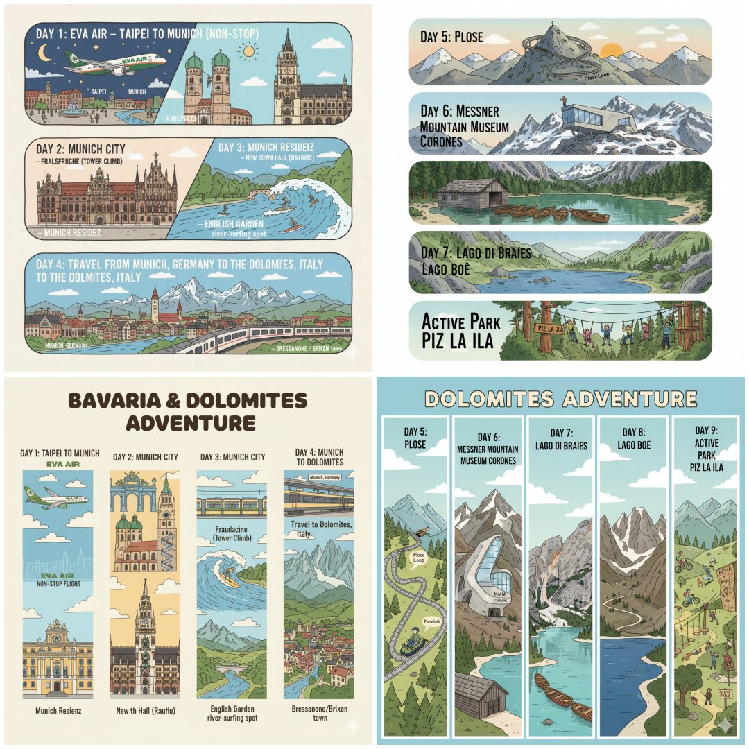 北義大利 多洛米蒂和浪漫湖區之旅 Gemini 生成行程圖。插畫/模型/樂高/紙雕/拼布/立體書版 - 第18張圖 北義大利 多洛米蒂和浪漫湖區之旅 Gemini 生成行程圖。插畫/模型/樂高/紙雕/拼布/立體書版